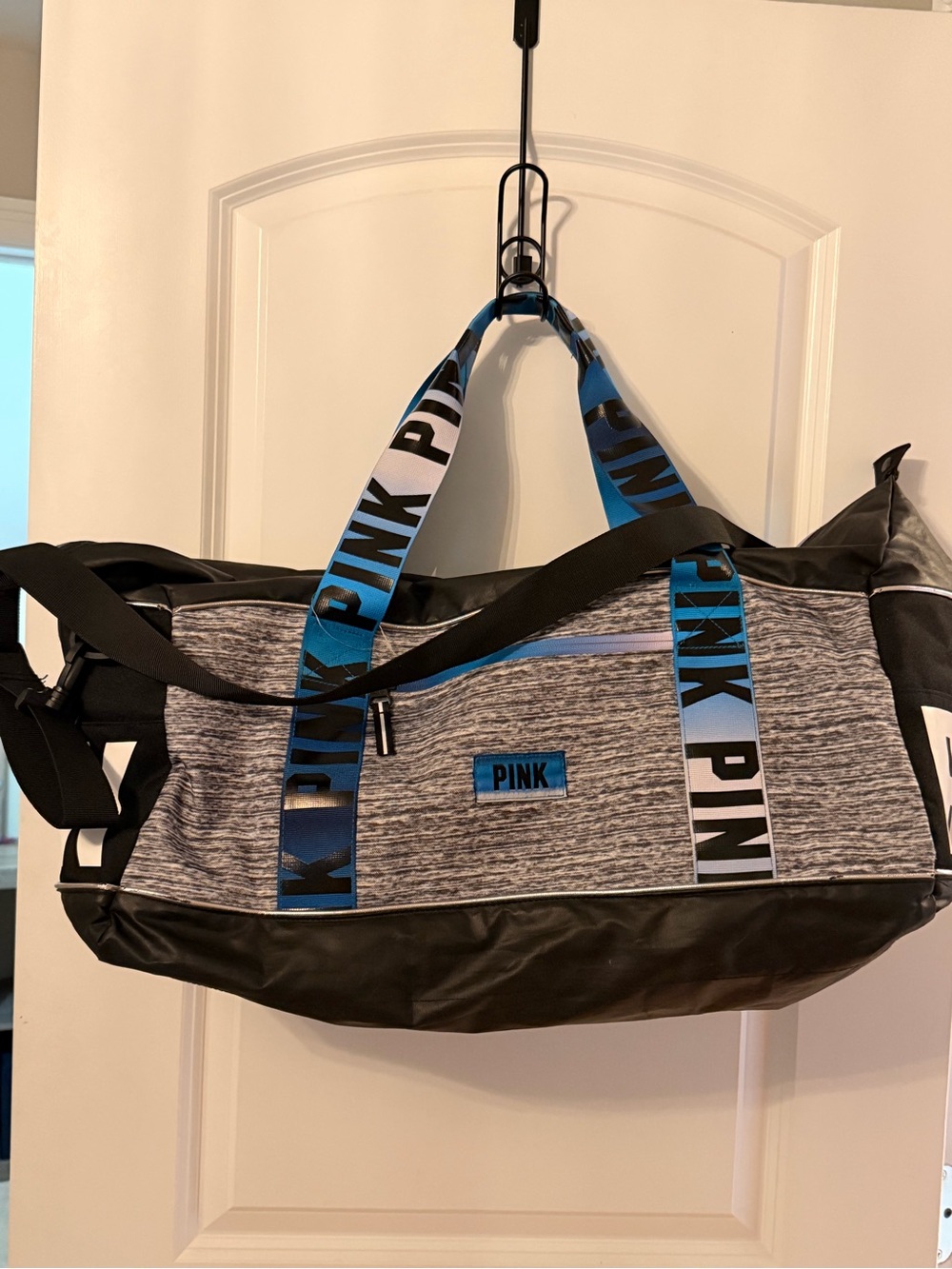 PINK Victoria's Secret Gray & Blue Logo Duffel Bag